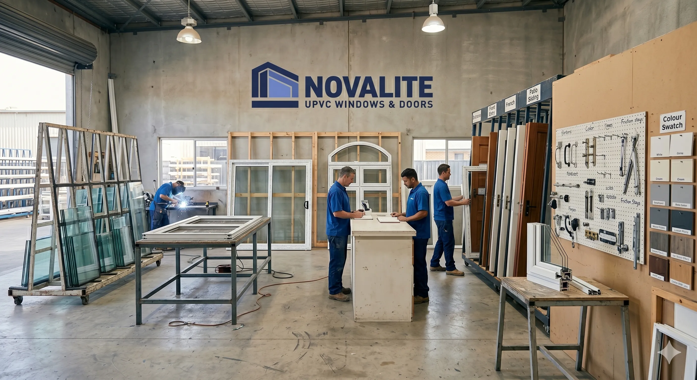Novalite uPVC team at Melbourne factory showroom with windows and colour swatches on display