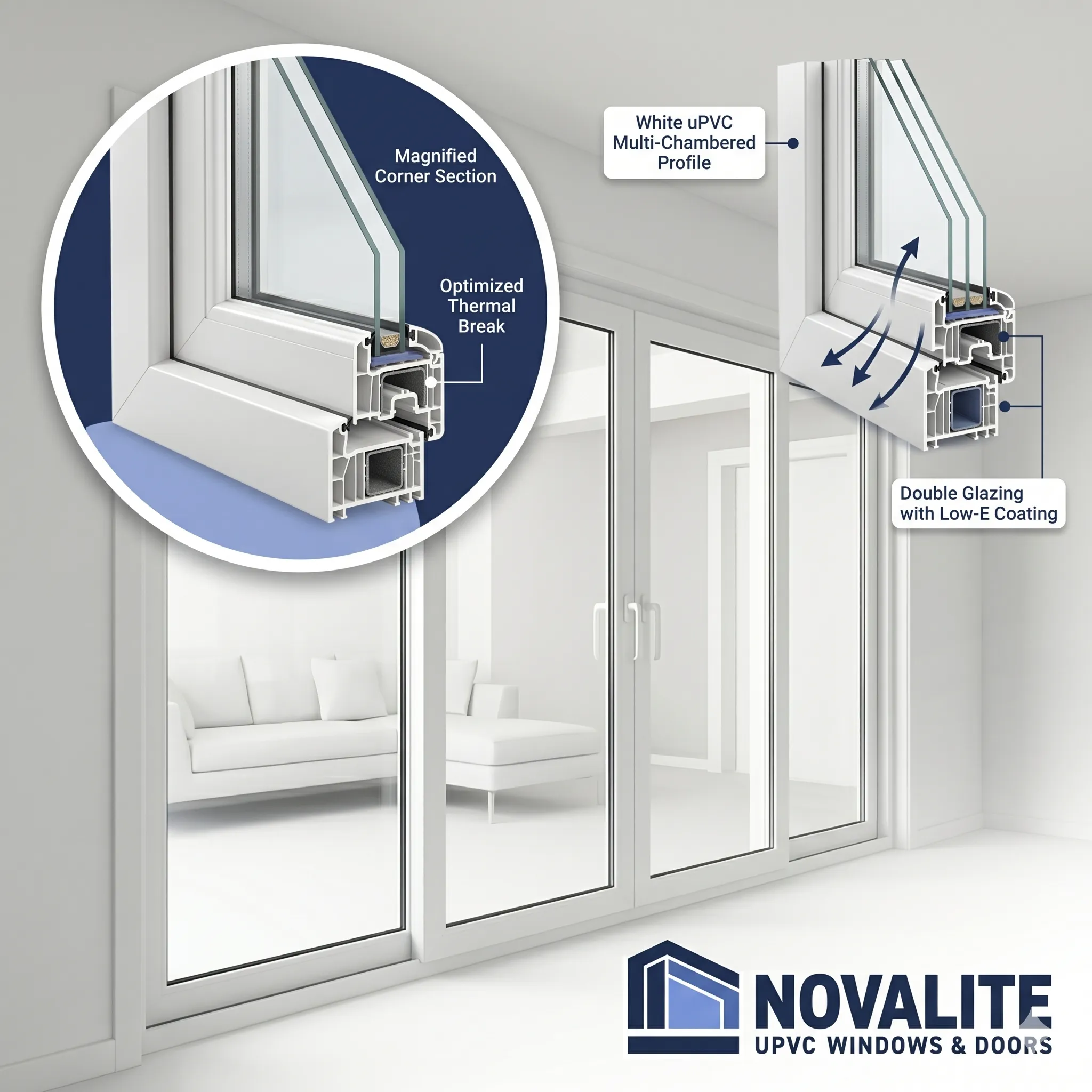 Double glazed uPVC window cross-section showing multi-chambered profile, argon cavity and Low-E glass coating &mdash; Novalite Melbourne