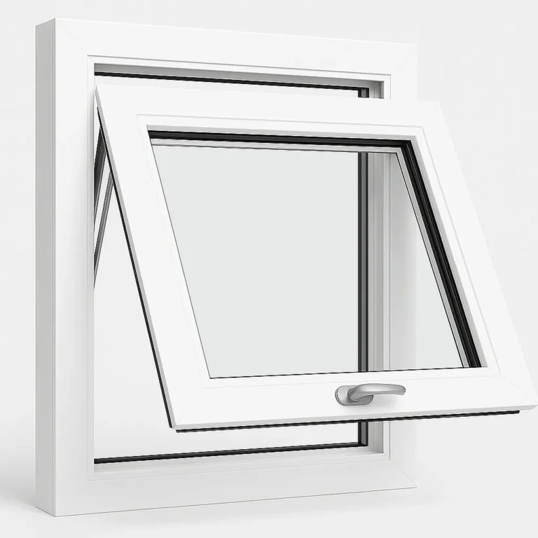 Awning uPVC window open showing outward-opening sash projecting from top hinge