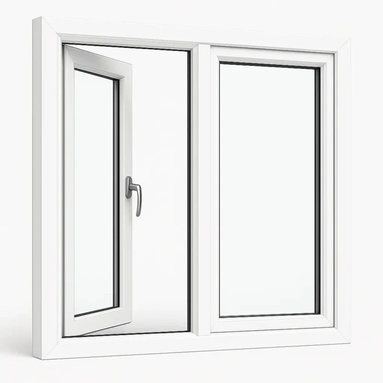 Casement uPVC window fully open showing side-hinge swing and maximum ventilation
