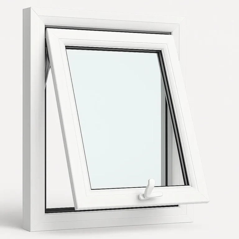 Pushout awning uPVC window open showing outward projection held by friction-stay