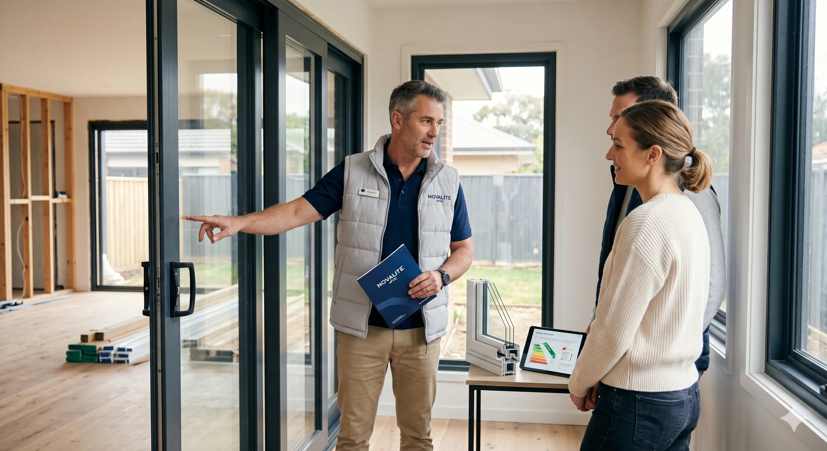 Novalite uPVC consultant showing sliding door options to homeowners at Melbourne showroom